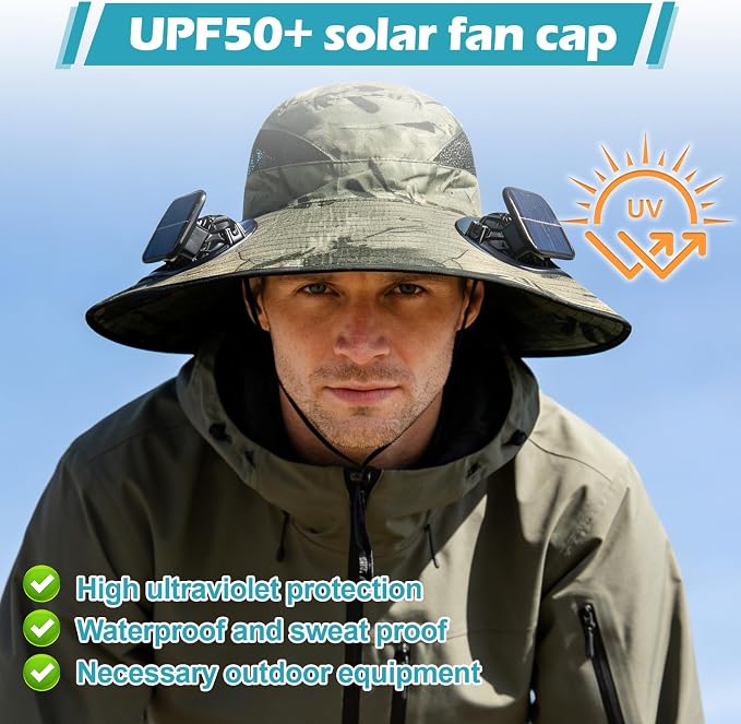 Wide Brim Sun Hat with 2 Solar Fans, UPF 50+, USB Charging for Fishing, Hiking, Beach | Solar Power Hat