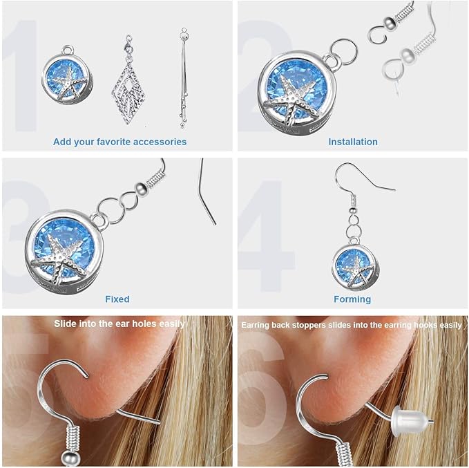 925 Sterling Silver Earring Hooks, 750PCS Earring Hooks Kit 250PCS/125Pairs Hypoallergenic Ear Wires with 250PCS Silver Open Jump Rings and 250PCS Rubber Backs Earwire for Jewelry Making