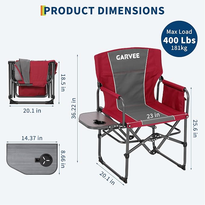 Oversized Camping Directors Chair, Portable Folding Lawn Chairs for Adults Heavy Duty with Side Table, Outdoor Foldable Camp Chair with Pocket for Beach, Fishing, Picnic, Outdoor Foldable Camp Chair