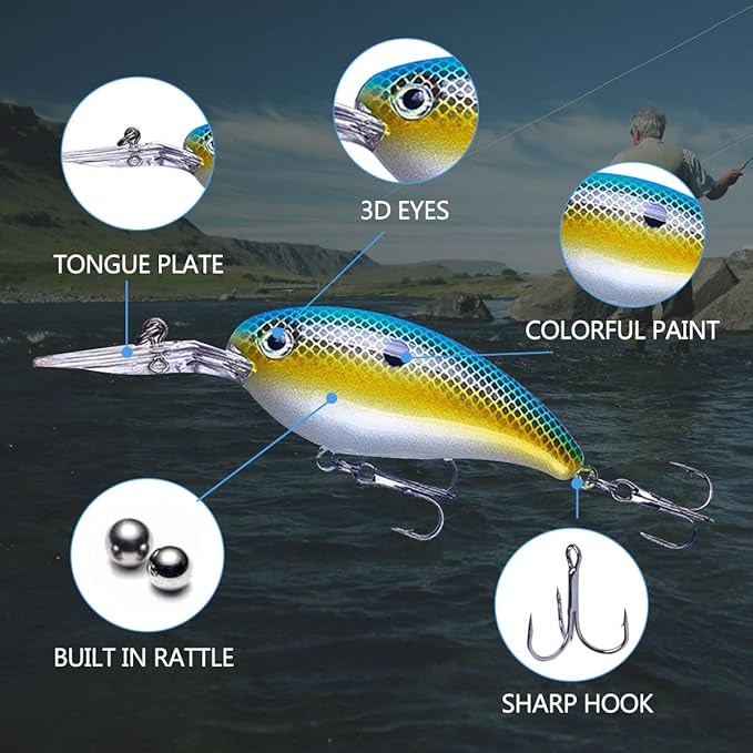 Crankbait Crank Bait Bass Fishing Lures, Square Bill Crank baits for Bass，Deep Diving Crankbaits，Fly Fishing Lures for Freshwater/Saltwater Trout Bass Snapper Walleye Crappie