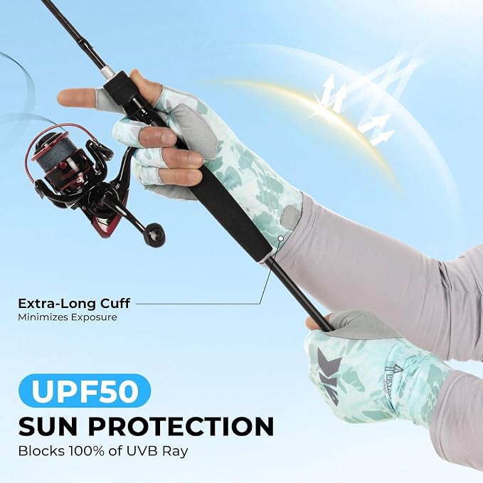 KastKing Agies Fishing Gloves Men, UPF 50+ Sun Gloves UV Protection, Cooling Quick-Dry 3/4 Fingerless Gloves with Extended Cuff, Microfiber Palm & Pull Tabs, for Fishing, Kayaking, Hiking, Hunting