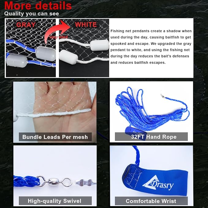 Drasry Saltwater Fishing Cast Net 3/8 and 1/4 Mesh with Heavy Duty Gray Sinker American Monofilament Fish Throw Net for Bait Trap 3FT 4FT 5FT 6FT 7FT 8FT 9FT Radius