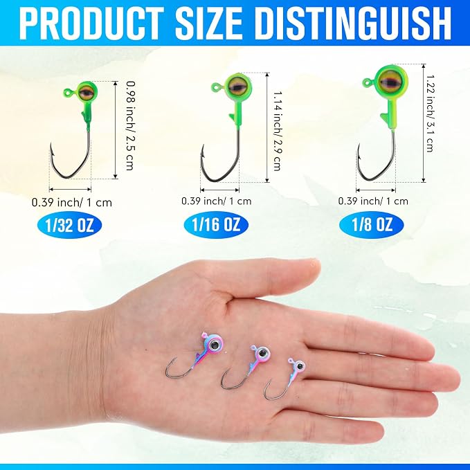 Vinsot Crappie Jig Heads 1/4oz 1/8oz 3/8oz 1/16oz 1/32oz Fishing Jig Hooks Simulation Fish Eye Ball Hook Bulk for Crappie Bass Trout Lures Gift