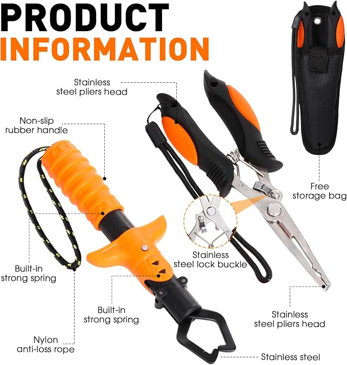 RoundFunny 10 Pcs Fishing Tool Kit, Fishing Pliers with Lanyard and Protective Sheaths, Landing Net, Fillet Knife, Fish Scale, Gripper, Hook Remover, Braid Scissors, Gloves for Men Dad Gift