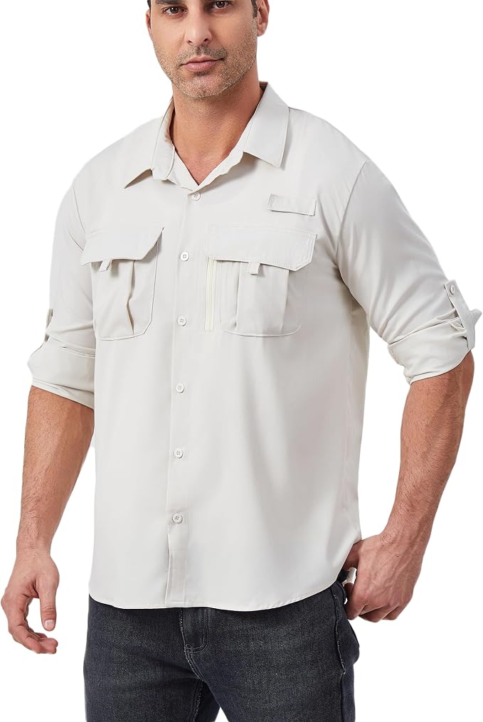 Men's Long Sleeve Fishing Shirts UPF 50+ Sun Protection Quick Dry Shirts Button Down Shirt for Hiking Camping