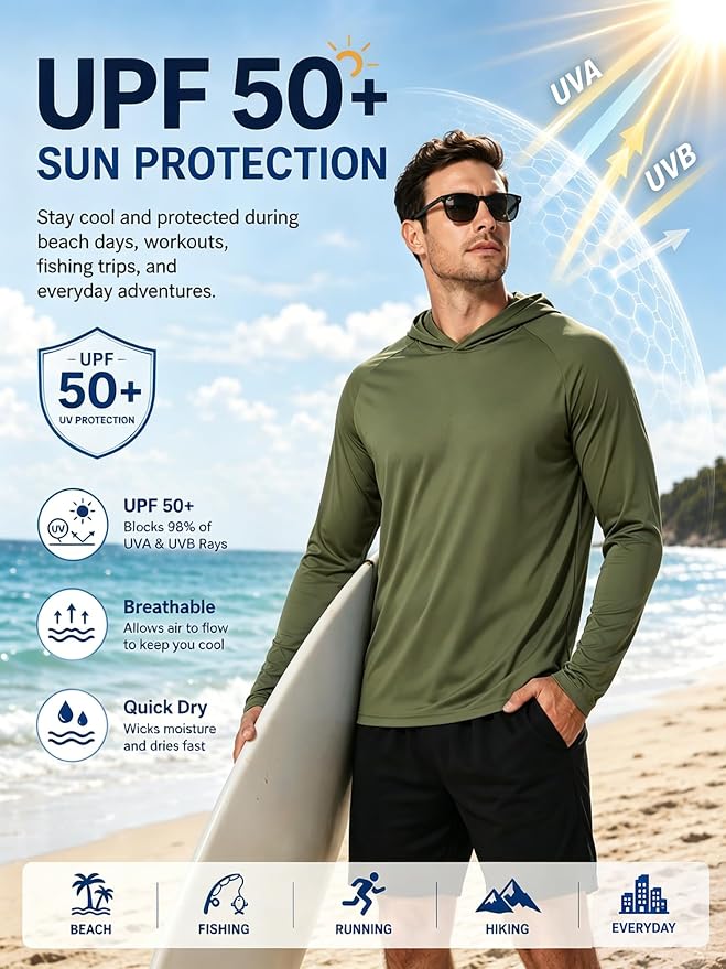 ZITY 3 Pack Men's Sun Protection Hoodie Shirt Fishing Shirts for Men UPF 50+ Long Sleeve Shirt Lightweight Rash Guard