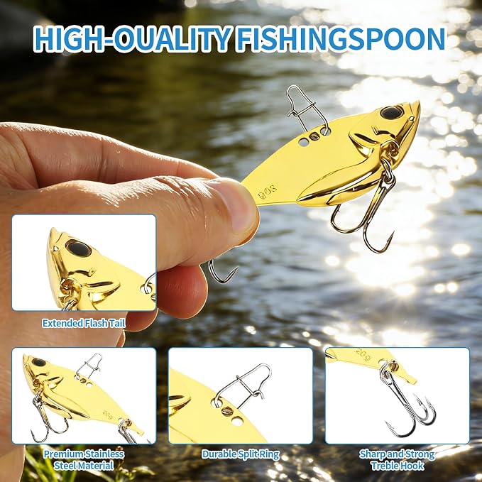 Metal VIB Spinner Blade Baits: 10pcs Blade – Bass & Trout Fishing Lures with Treble Hooks, High-Flash Vibration Hard Baits for Perch Walleye Pike Freshwater Saltwater