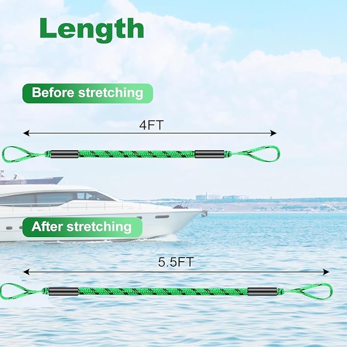 Boat Bungee Dock Lines, Mooring Rope for Docking with Loop, Boat Ropes, Boat Accessories, Quick and Easy Dock for PWC, Kayak, Seadoo, WaveRunner, Pontoon, Bass Boat (Green&Black)