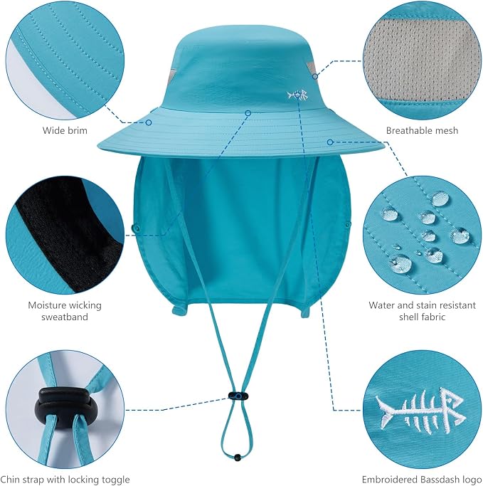BASSDASH UPF 50+ Breathable Sun Hat with Removable Face Cover and Neck Flap Wide Brim Bucket Hat for Fishing Hiking Men Women