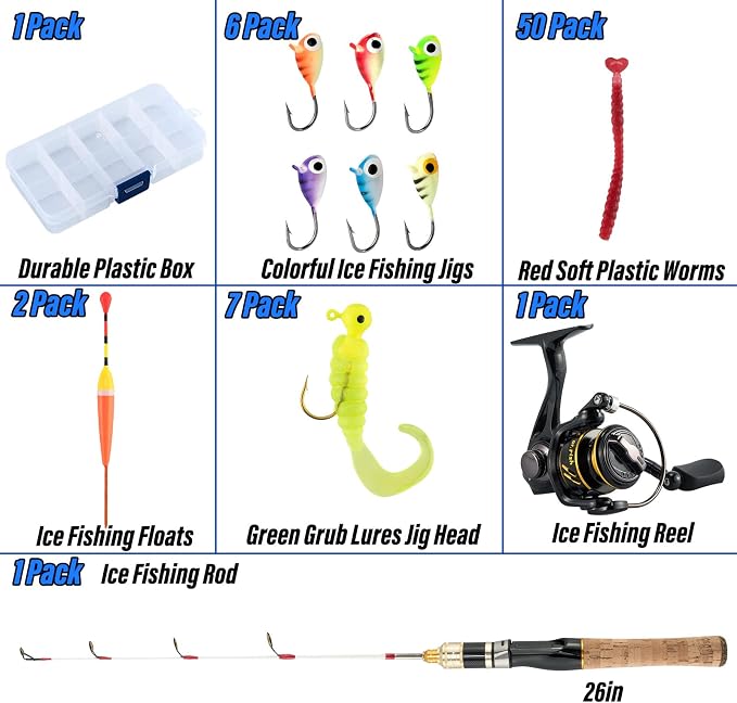 Dr.Fish Ice Fishing Rod and Reel Combo Ice Fishing Poles Gear Complete Kit Winter Spinning Pole and Reel Package Travel Jigs Lures Tackle