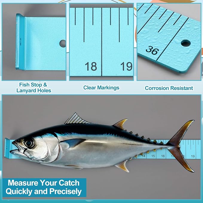 Zonon Fish Measuring Board 36" Long x 2" Wide x 1/8" Thick Anodized Aluminum Fish Ruler Aqua Blue Corrosion Resistant Boat Measuring Tool for Fishing Competition Fresh and Salt Water