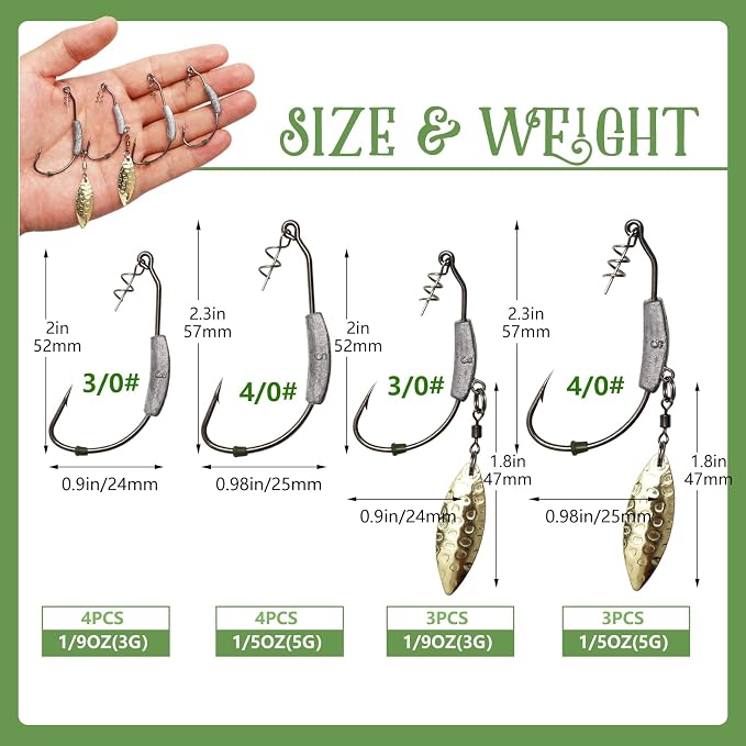 Dovesun 12PCS/44PCS Weighted Swimbait Hooks Weighted Fishing Hooks Saltwater Freshwater Worm Weedless Hooks for Bass Fishing 3/0 4/0 5/0