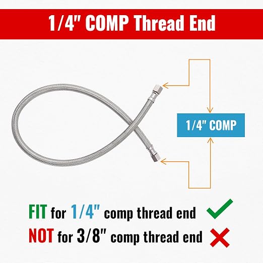 SUNGATOR 2 Feet Refrigerator Water Line, 1/4" Comp X 1/4" Comp Ice Maker Hose, 2 Feet Stainless Steel Braided Ice Maker Water Supply Line with A Wrench and Sealing Tape (1 Pack)