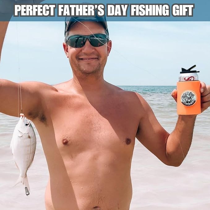 Made in USA | Fishing Can Cooler from Shark Tank | Hard Shell Drink Holder with Hand Line Reel | Fits Most Can Sleeves or Coozies | Unique Fishing Gift for Men | Retail Box Packaging | Orange