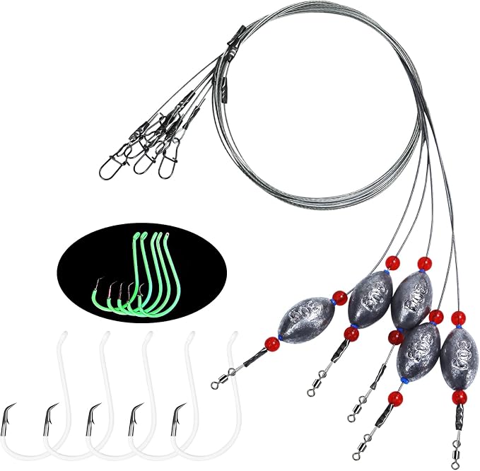 Fishing Egg Sinker with Soft Plastic Core Weight Rigs 5pcs Flounder Rig Saltwater,176.37lb Fishing Wire Leader with Egg Sinker Swivels Snap, Grouper Bottom Fishing Rigs