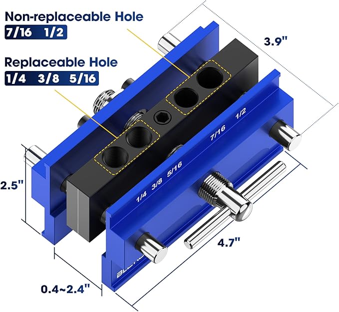 BLEKOO Self Centering Doweling Jig Kit, Drill Jig For Straight Holes Biscuit Joiner Set With 6 Drill Guide Bushings, Adjustable Width Drilling Guide Power Tool Accessory Jigs (Blue)