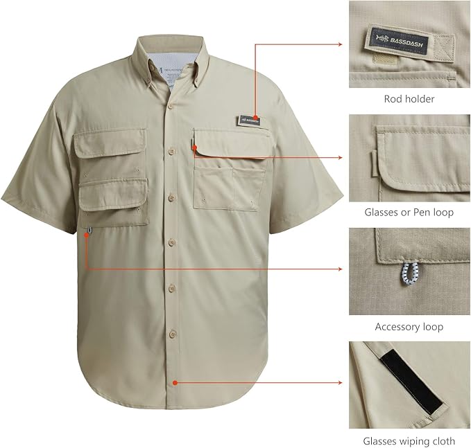 Bassdash UPF 50 Men’s Fishing Dress Shirt Button Down Woven Short Sleeve Outdoor