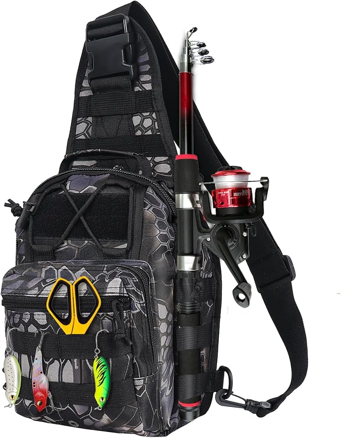 Fishing Backpack Small Fishing Tackle Storage Bag with 3 Methods of Carrying Large Capacity Sling Backpack for Outdoor Hiking Travel Hunting (Pythonskin Black)