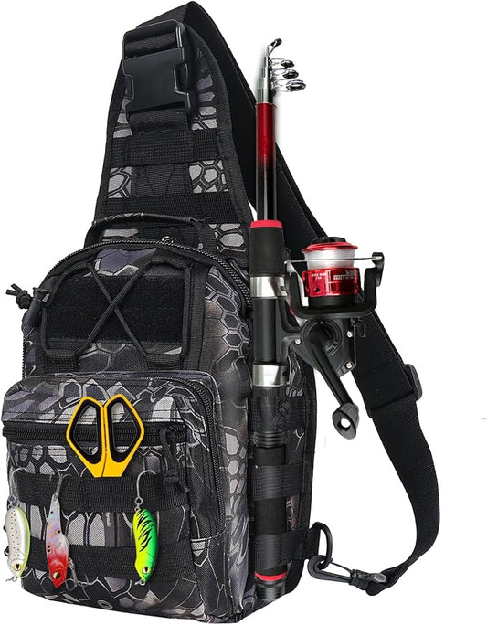 Fishing Backpack Small Fishing Tackle Storage Bag with 3 Methods of Carrying Large Capacity Sling Backpack for Outdoor Hiking Travel Hunting (Pythonskin Black)