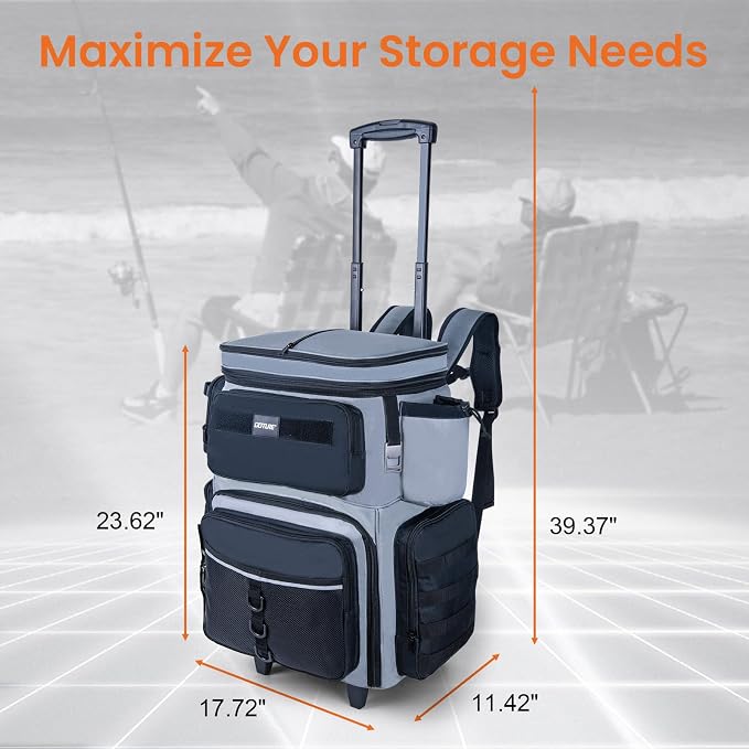 Goture 66L Rolling Tackle Box with Cooler, Gray Large Fishing Bag with Wheels for 5 3700 Trays(Trays Not Included), Saltwater Resistant Tackle Backpack with Rod Holders