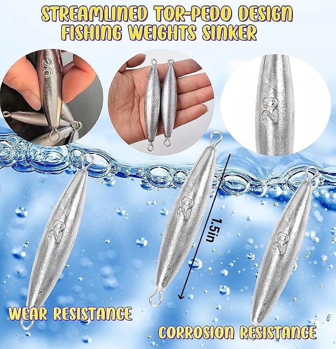 10PCS Fishing Weights Torpedo Sinkers Inline Trolling Sinkers Weights Kit Fishing Sinkers Catfishing Sinkers Saltwater Fishing Torpedo Weights Double Ring Sinkers - 1oz(30g)
