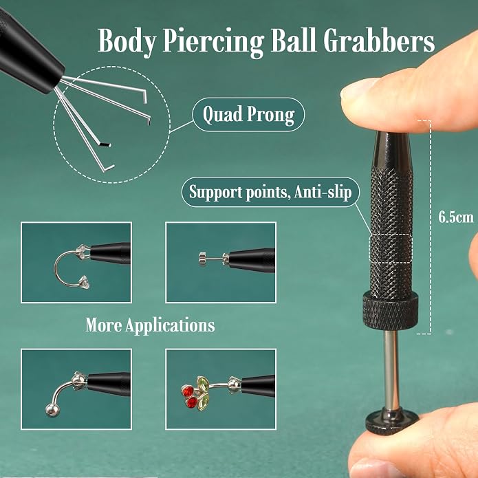 Upgraded Anti-Slip Piercing Ball Grabber Tool with Ergonomic Design for Changing Jewelry, Stainless Steel Jeweler Pick Up Tool 4 Claw Gem Piercing Changing Tool Body Piercing Kit for Ear Nose Lip