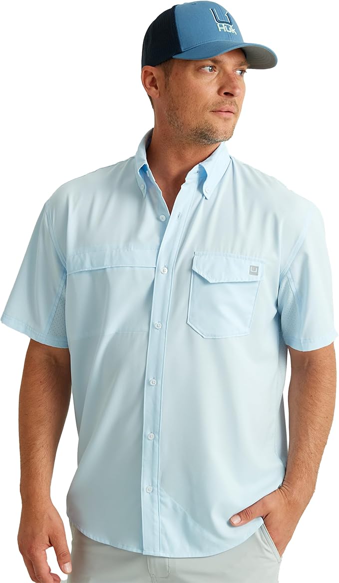 HUK Men's Tide Point Kc Scott Original Artwork Short Sleeve Shirt, Fishing Button Down