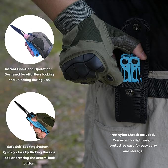 Multitool with Pocket Knife, 25-in-1 Stainless Steel Pliers and Screwdriver, Self-locking Multi-tool EDC Gear with Sheath, Suitable for Camping and Hiking (Powderblue)