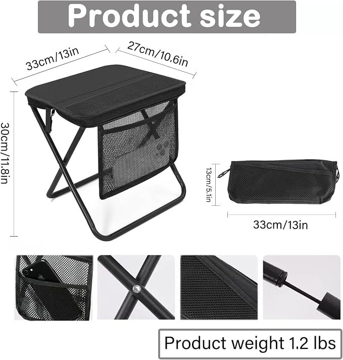 Portable Stool, Pocket Chair Fishing Stool, Large Size Adjustable Shoulder Strap Folding Stool, 2026 New Ultralight Foldable Stools with 2pcs Storage Pouch for Hiking, Fishing, Camping, Picnic (Black)