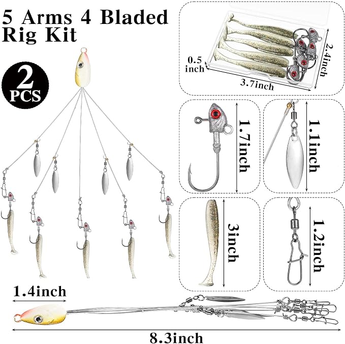 Lunmon 2 Pcs Umbrella Rig Fishing Lure Bass Bait Kit 5 Arms Baits Multi Lure Rigs for Trout Perch Walleye Freshwater Saltwater Boat Trolling