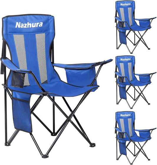 Nazhura 4 Pack Outdoor Camping Chairs Folding/Foldable/Portable with Cooler Pouch, Mesh Backrest and Cup Holder Pocket(Blue, 4 Pack)