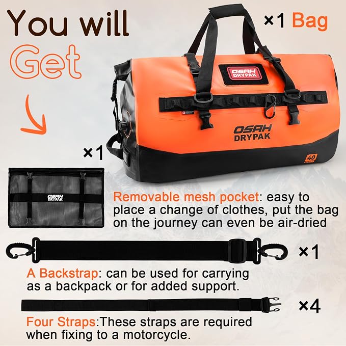 OSAH DRYPAK Waterproof Duffel Bag 25L/40L/60L – Heavy-Duty Motorcycle Tail Bag, Roll-Top Dry Bag for Travel, Camping, Boating, Kayaking, Outdoor Adventure