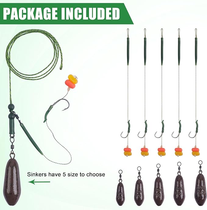 Carp Fishing Rigs Kit Carp Hair Rig with Carp Sinker Weights Carp Hooks Corn Bait Leader Rigs Quick Change Rolling Swivels Sleeves Carp Fishing Equipment Accessories
