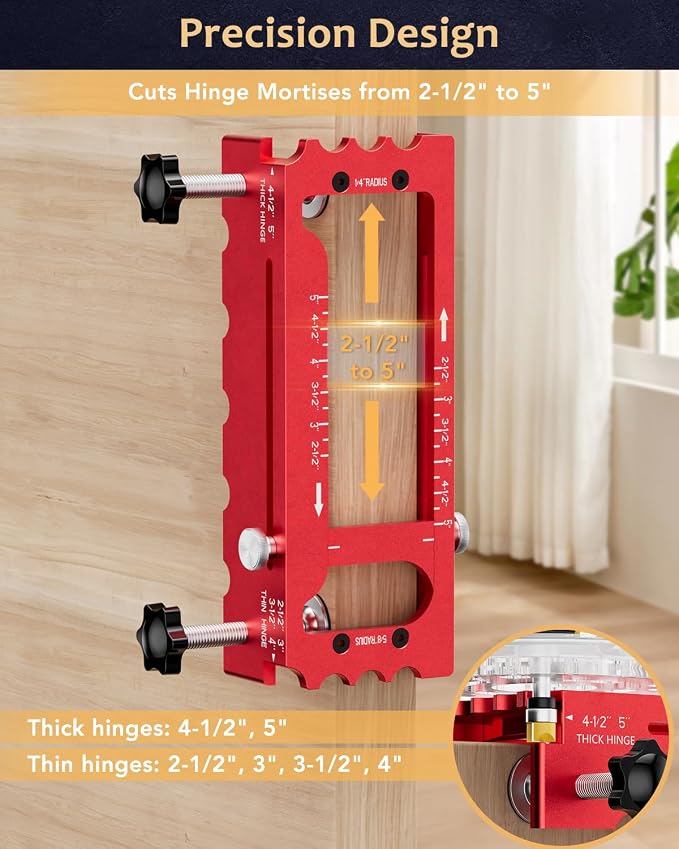 Door Hinge Jig Tool for Router, Adjustable Aluminum Alloy Mortise Jig Fits Door Hinges 2.5" -5", Door Hinge Template Installation Kit, 1/4" & 5/8" Radius and Square Corners (red)