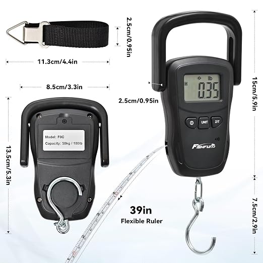 Rechargeable Fish Scale, Digital Hanging Fish Weight Scale with Large Handle and Tape Measure for Fishing, Hunting, Outdoor, Farm, 110lb/50kg