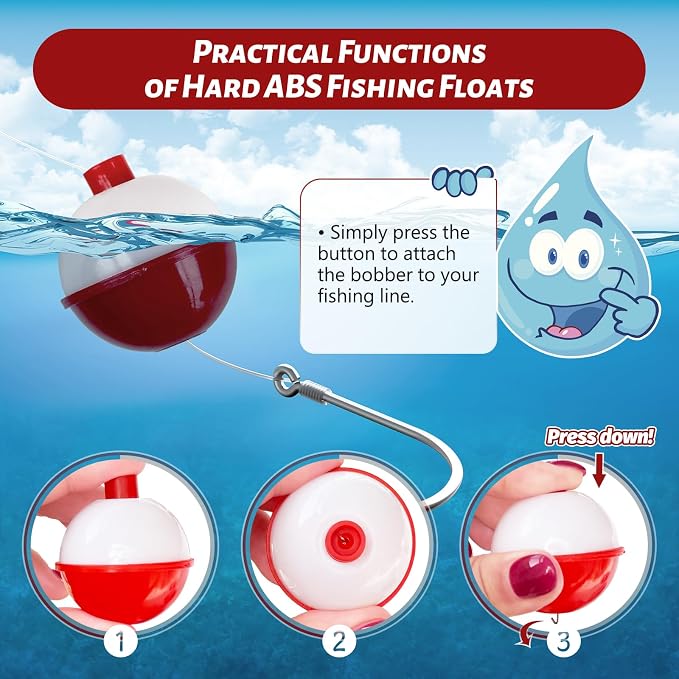 Woozettn 100 Pcs Fishing Float,Hard ABS Fishing Bobbers,Red and White Bobbers,Push Button Round Buoy Floats for Fishing Tackle Accessories,0.75/1/1.5 Inch