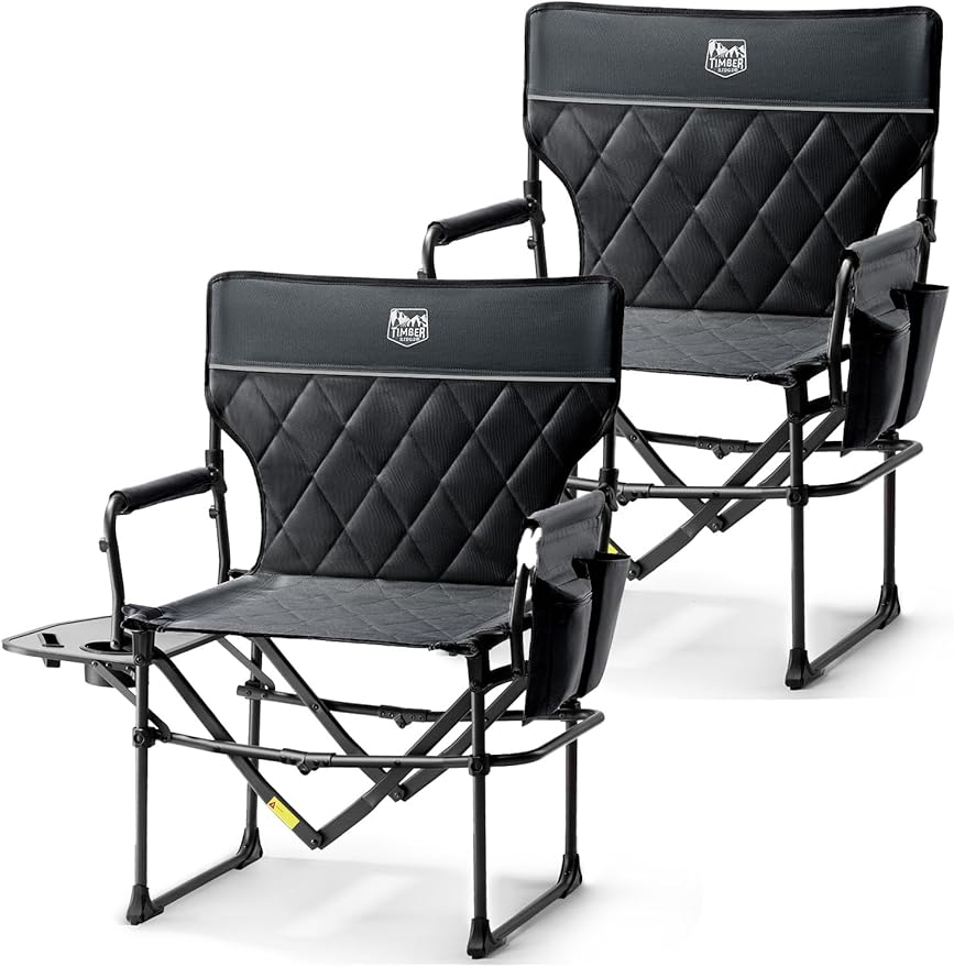 TIMBER RIDGE Heavy Duty Camping Chair with Compact Size, Portable Directors Chair with Side Table and Pocket for Camping, Lawn, Sports and Fishing, Supports Up to 400lbs, Black 2 Pack