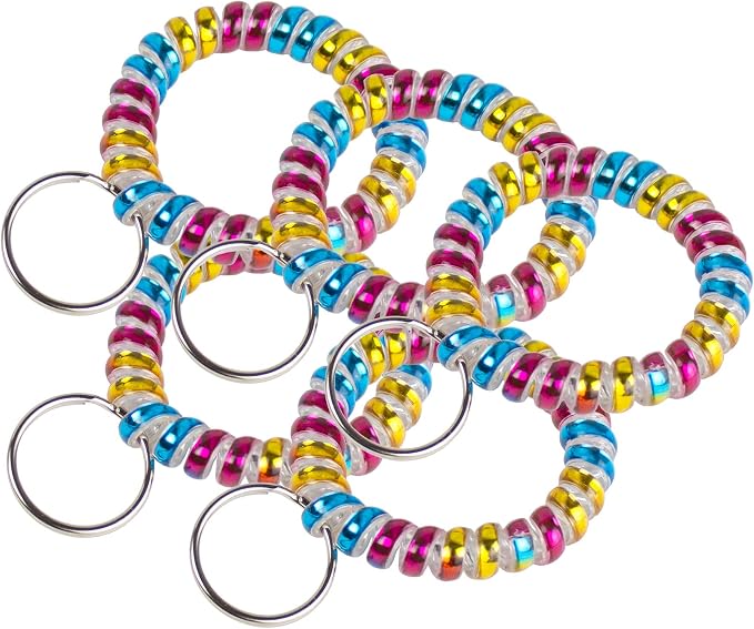 Lucky Line 2” Diameter Spiral Wrist Coil with Steel Key Ring, Flexible Wrist Band Key Chain Bracelet, Stretches to 12”, Rainbow, 5 Pack (4100905)
