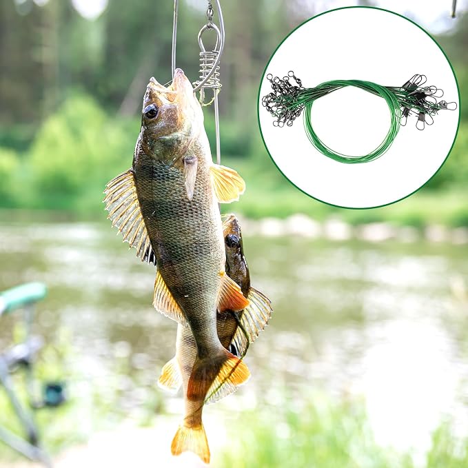Fishing Leaders with Crane Swivel and Snaps, 60 Pcs 8in/10in/12in Fishing Wire Leaders, Saltwater/Freshwater, Leader line for Carp, Pike, Catfish, Muskie, Walleye, Bass, Mackerel, Snapper, etc (Green)