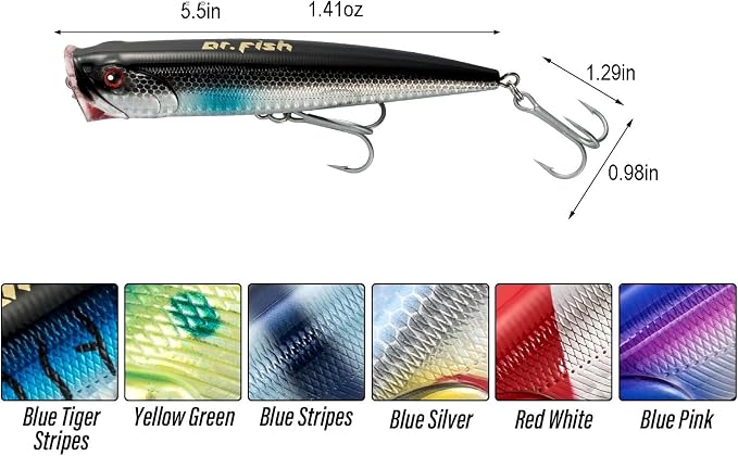 Dr.Fish Popper Saltwater Fishing Lures, 4/5.5 Inches GT Popper VMC Treble Hooks Surf Fishing Lures for Bass Striper Pike Salmon Offshore