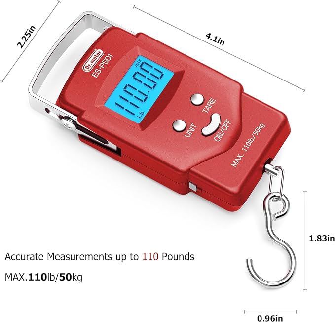 Dr.meter Fish Scale Luggage Scale Fishing Gear - 110lb Backlit LCD Display Digital Scale with Built-in Measuring Tape - Fishing Scale with 2 AAA Batteries, Pocket Size - Fishing Gifts for Men