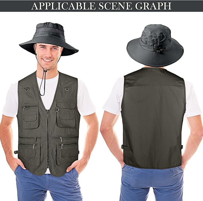 Janmercy 2 Pieces Men's Work Fishing Vest with Hat Lightweight Safari Travel Hunting Waistcoat With Multi Pockets Fishing Hat