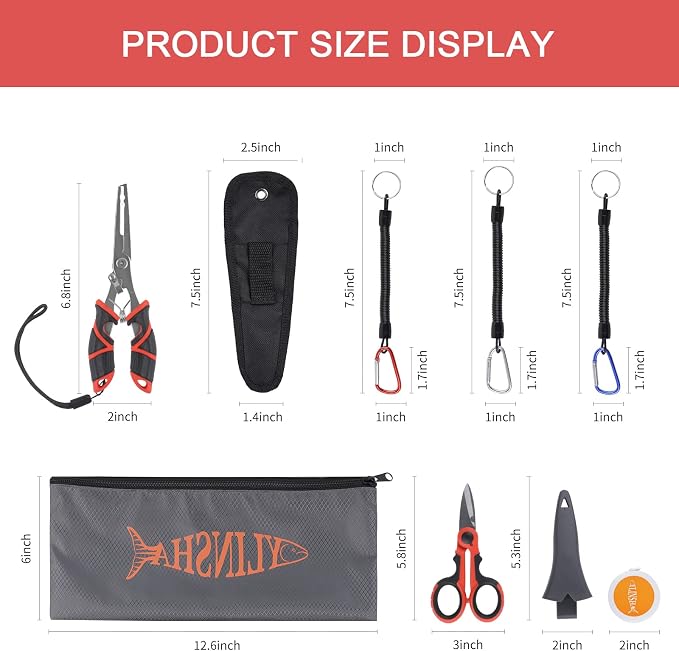 Fishing Tool Kit Fillet Knife Fishing 8pack Including Fishing Knife Fishing Scissors Fishing Pliers Saltwater Fish Measuring Ruler,Anti-Lost Lanyard Waterproof Storage BagTackle Accessory Kit