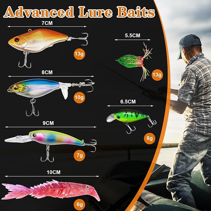 FONMANG 322-Piece Fishing Lures Kit - Buzz Bait/Spinner Baits/Jig/Frog, Fishing Tackle Box with Tackle Included, Soft Bait/Hooks/Weights, Fishing Gear Lure Kit Gift for Men Freshwater Bass Trout