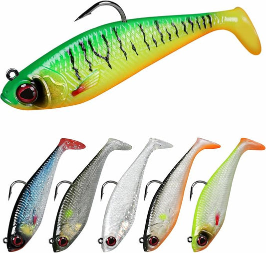 TRUSCEND Duramax Pre-Rigged Fishing Lures with BKK Jig Hooks, 10X Tear-Resistant TPE Soft Swimbaits for Bass Striper Trout Crappie Walleye Grouper, Lifelike Fishing Baits for Saltwater and Freshwater