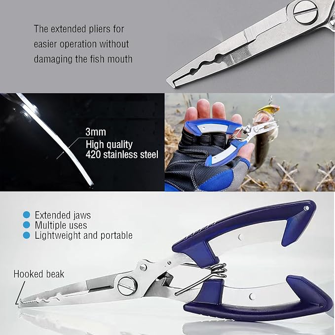 Fishing Pliers Long Nose Hook Remover 2 Multi-function Scissors Braid Cutters Lightweight Stainless Steel Fishing Tools Split Ring Opener Fish Gripper Gear Accessories