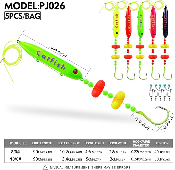 PROBEROS Catfish Fishing Rigs - Bank Fishing Set with 5pcs/Set, 6/0, 8/0, 10/0 Circle Hooks Circle Hooks, High Visibility, Ready to Use Catfish Rigs