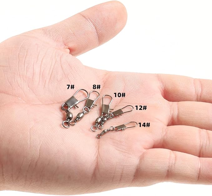 Realure 125 Pcs Barrel Snap Swivel Fishing Rolling Ball Bearing Swivels with Safety Snap 7# 8# 10# 12# 14# Quick Change Fishing Connector with Ball Bearing Swivels Snaps for Connecting Hooks & Lures