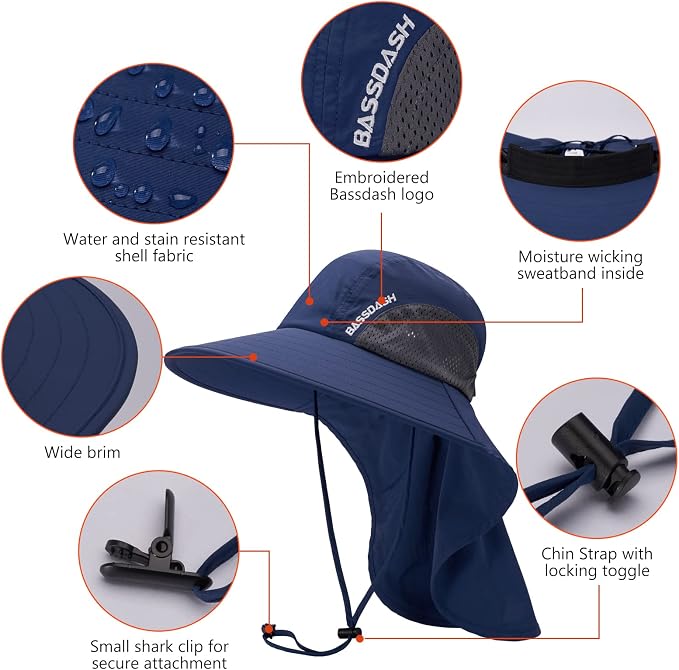 BASSDASH UPF 50+ Unisex Water Resistant Wide Brim Sun Hat with Large Neck Flap Ponytail Fishing Hat for Men Women