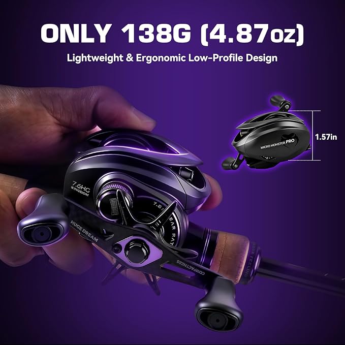 KINGDOM Micro Monster Pro BFS Reel – 0.07oz Ultralight Casting, Only 138g (4.9 oz) Aluminum Frame, CSB Anti-Backlash, Shallow Spool, 7.6:1 – Trout Bass Panfish Finesse Fishing